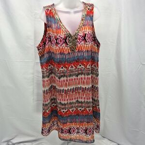 Jennifer Lauren Plus Size 1X Tribal Boho Beaded V-Neck Sleeveless Dress